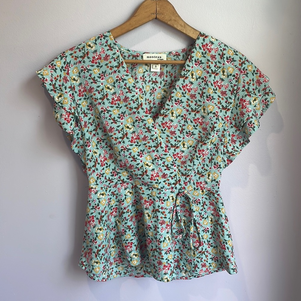 Blue floral wrap top - size small